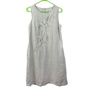 Chicos Linen Tank Dress Womens Sz 2 Oatmeal Embroidered Beaded Sequins